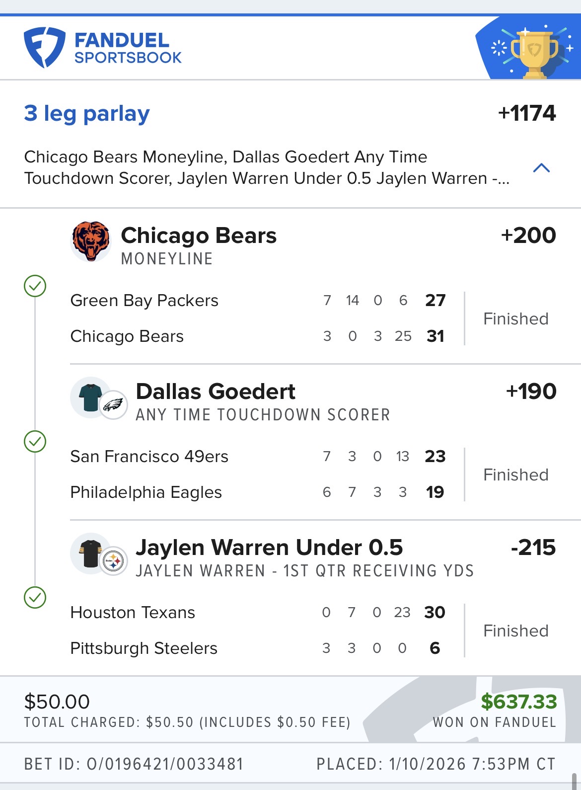 3-Leg Parlay Bears/Goedert/Warren