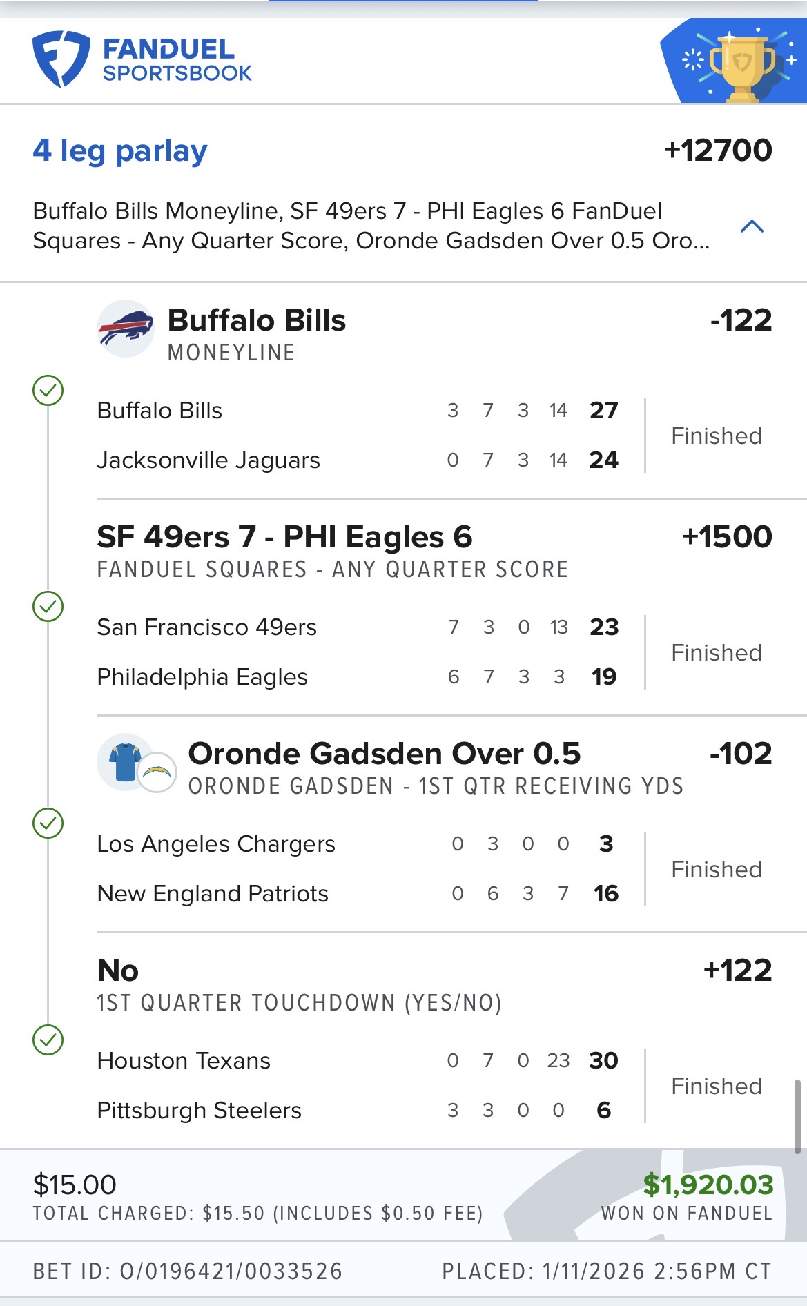 4-Leg Parlay Bills/49ers/Chargers/Texans