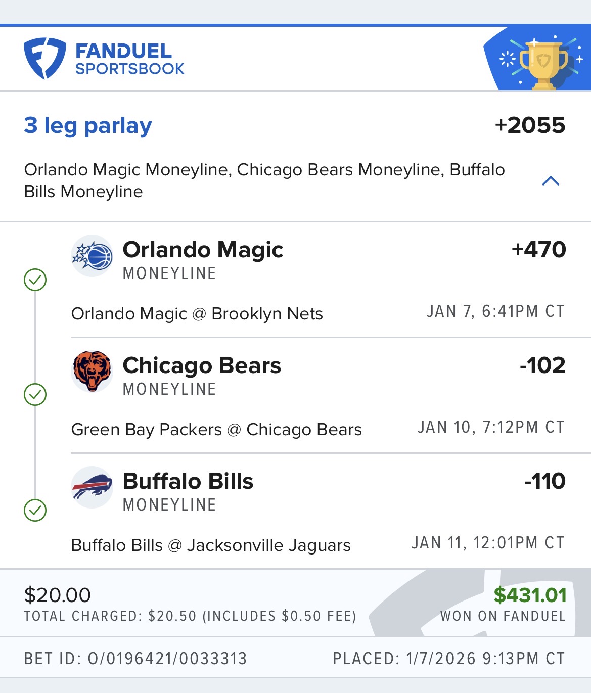 3-Leg Parlay Magic/Bears/Bills