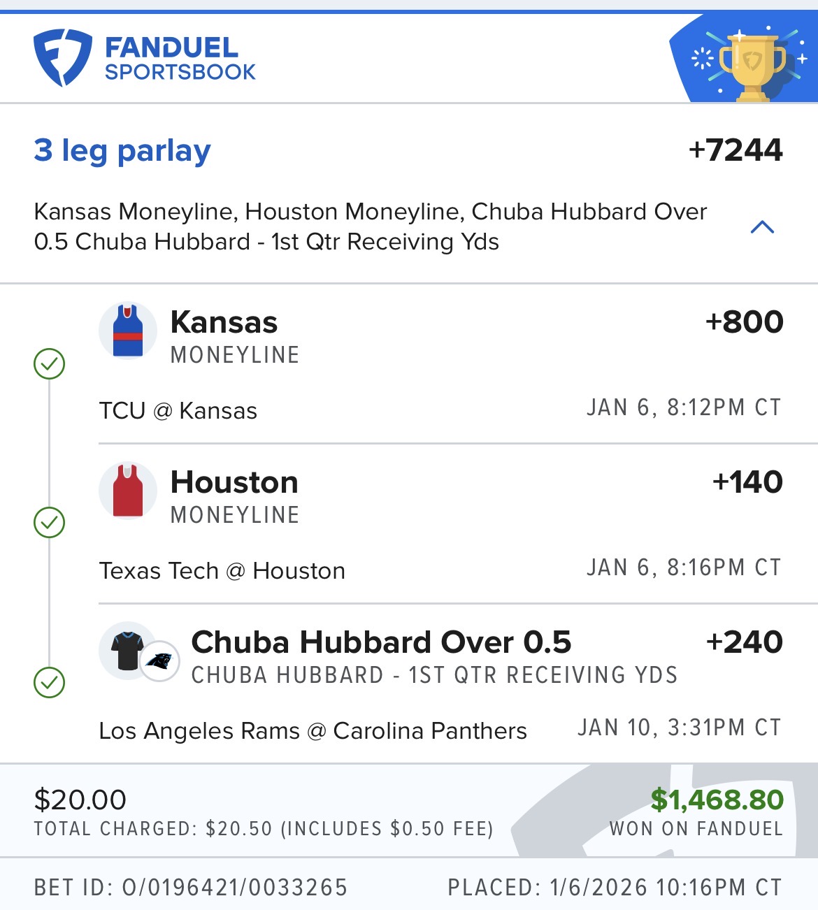 3-Leg Parlay Kansas/Houston/Hubbard